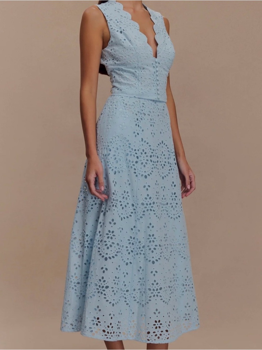 Meshki Light Blue Eyelet Scallop Midi Dress